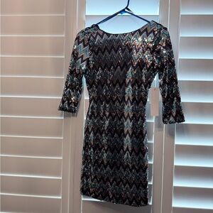 Sequined Chevron Sheath Dress - Black & Teal